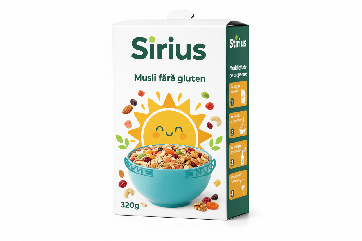 Dejunel cereal packaging with a blue bowl illustration on a white background