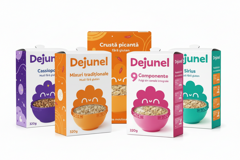 Dejunel cereal box with a blue bowl illustration on a white background