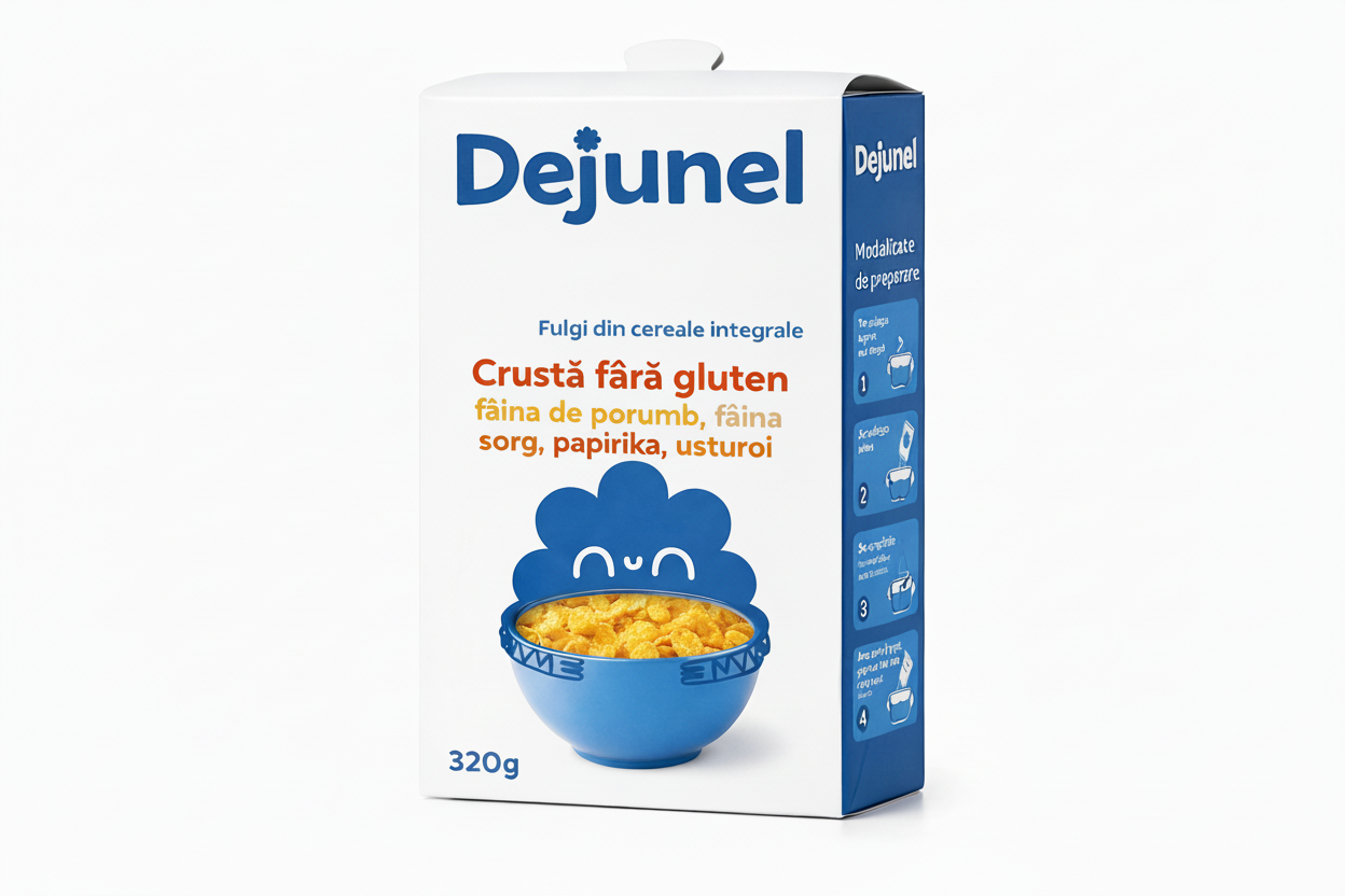Dejunel cereal box with a blue bowl illustration on a white background