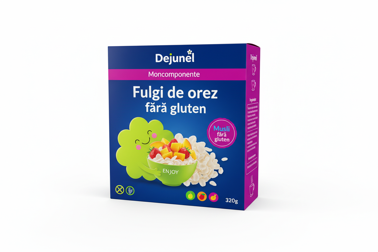 Dejunel cereal box with a blue bowl illustration on a white background